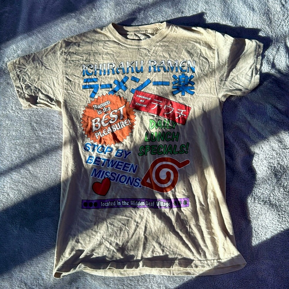 Medium Tan Graphic Tee, Naruto, light use, cotton, relaxed. Like new